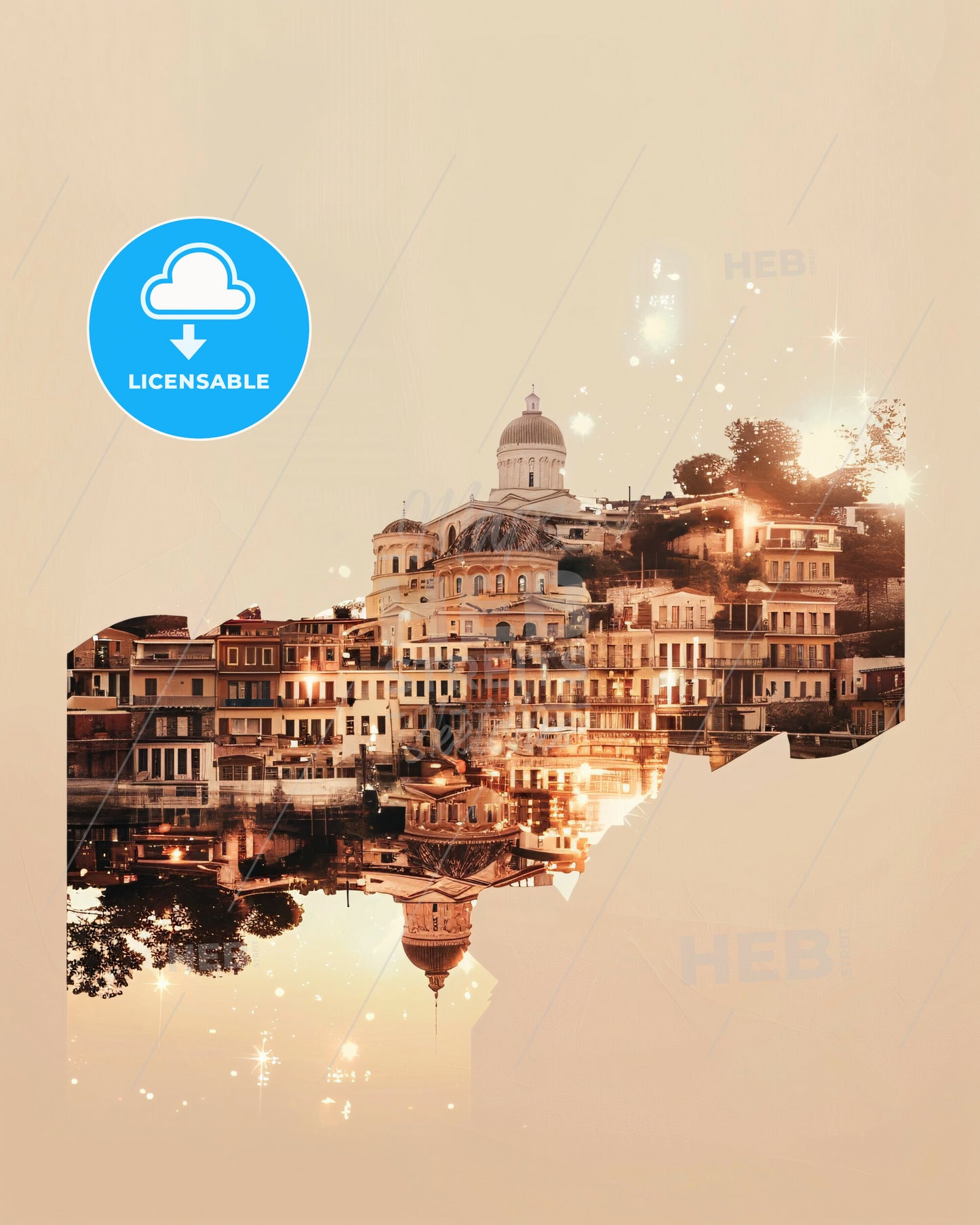 Euboea Skyline Dreamy Double Exposure Design - A city with buildings and a reflection of the water