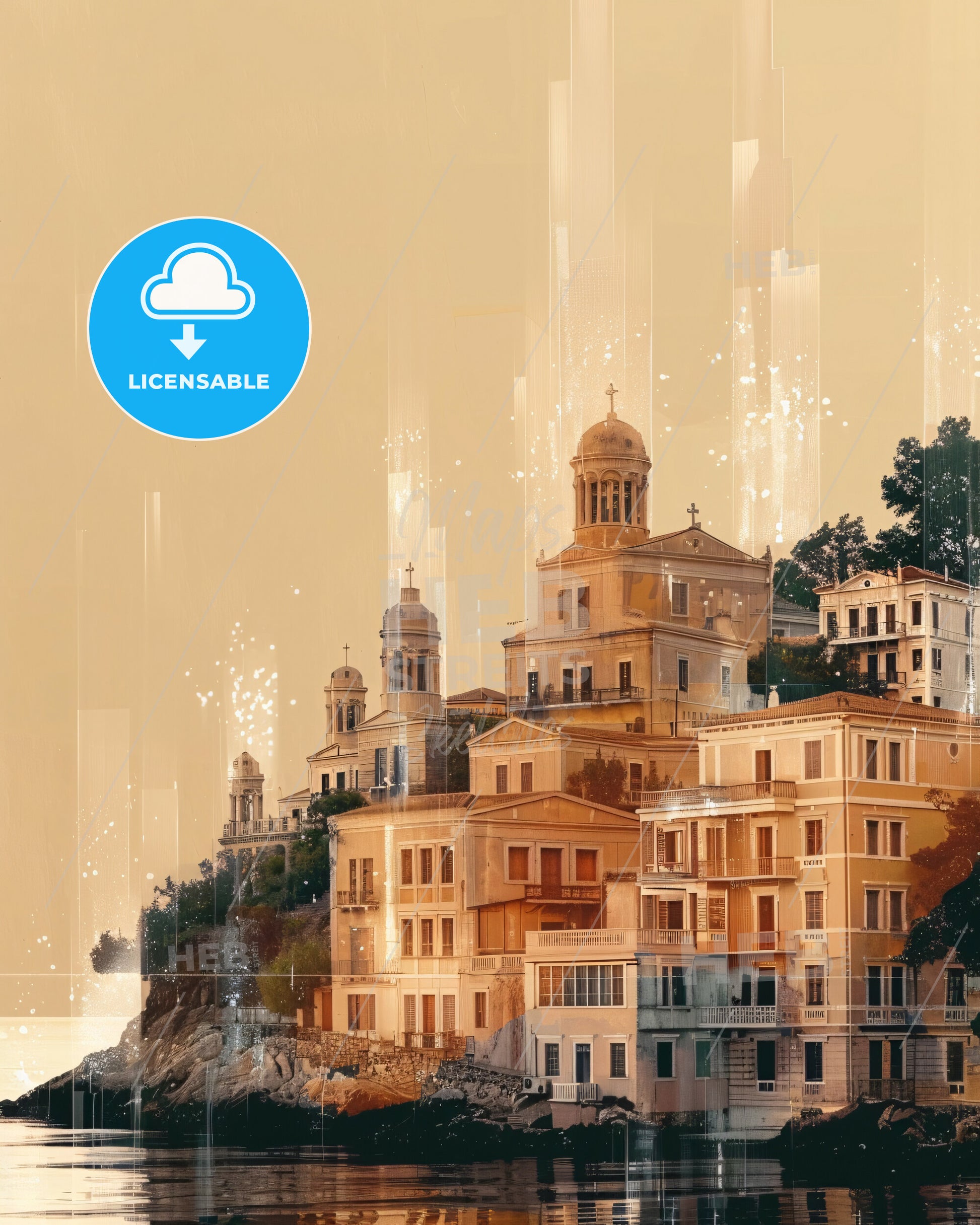 Euboea City Skyline Double Exposure Poster Art - A group of buildings on a hill