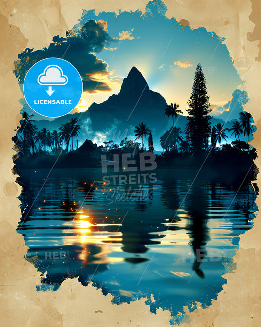 Fiji Island Double Exposure Panorama with Sparkle Backlights - A mountain in the distance