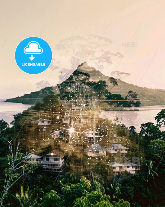 Fiji Paradise Double Exposure Artwork - A house on a hill surrounded by trees and water