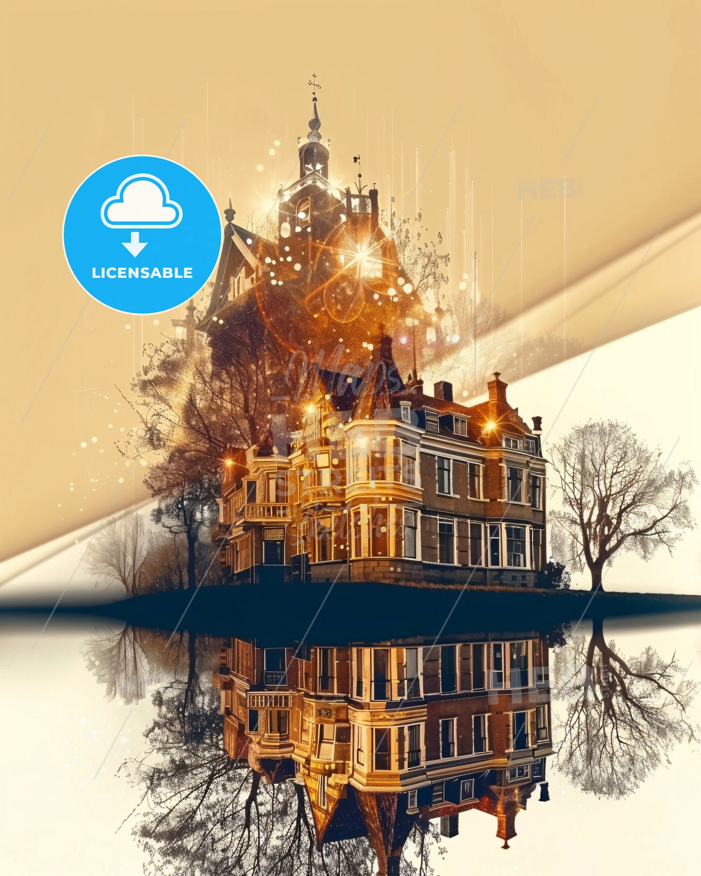 Flevopolder Skyline Composite Art Poster - A building with a tower and trees reflected in water