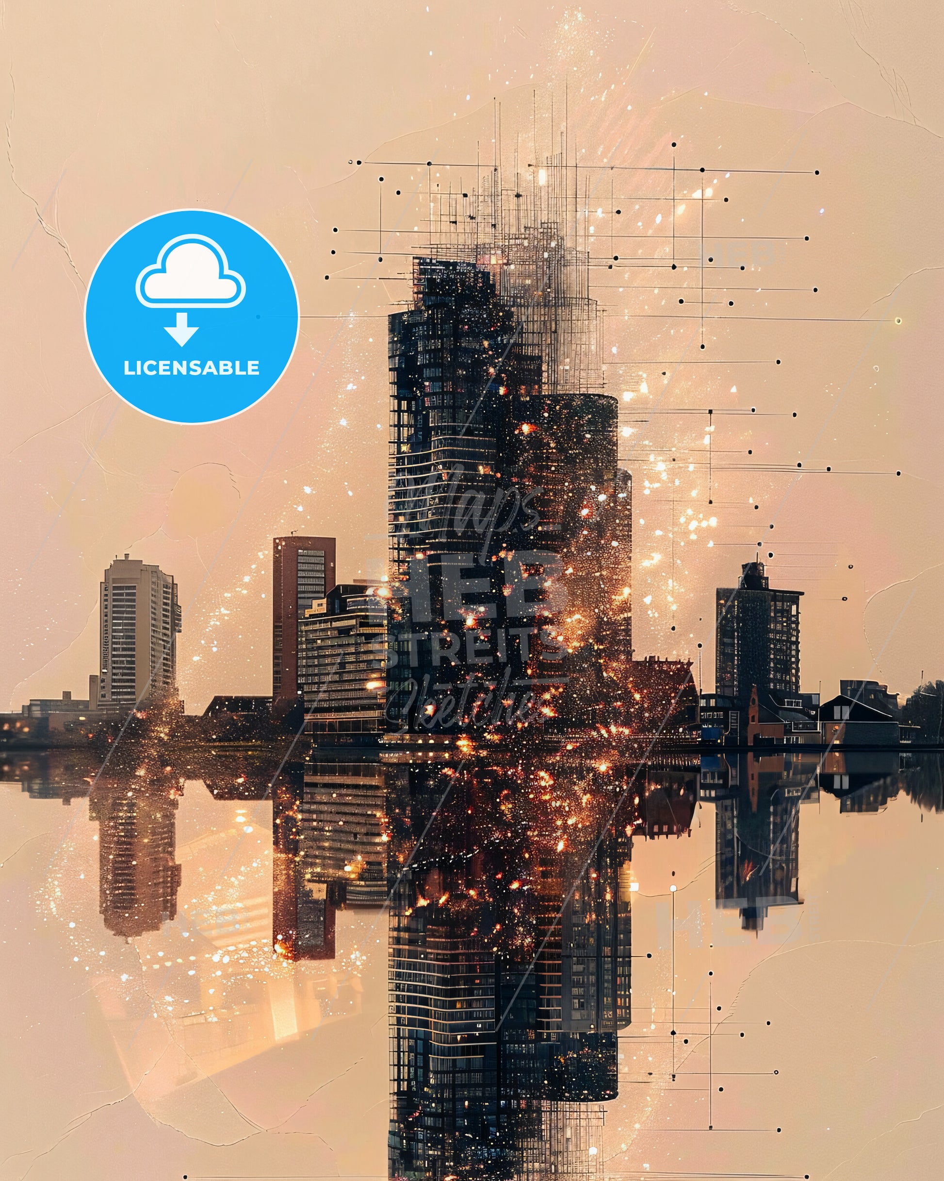 Flevopolder Island Skyline Double Exposure Art Poster - A city skyline with fireworks