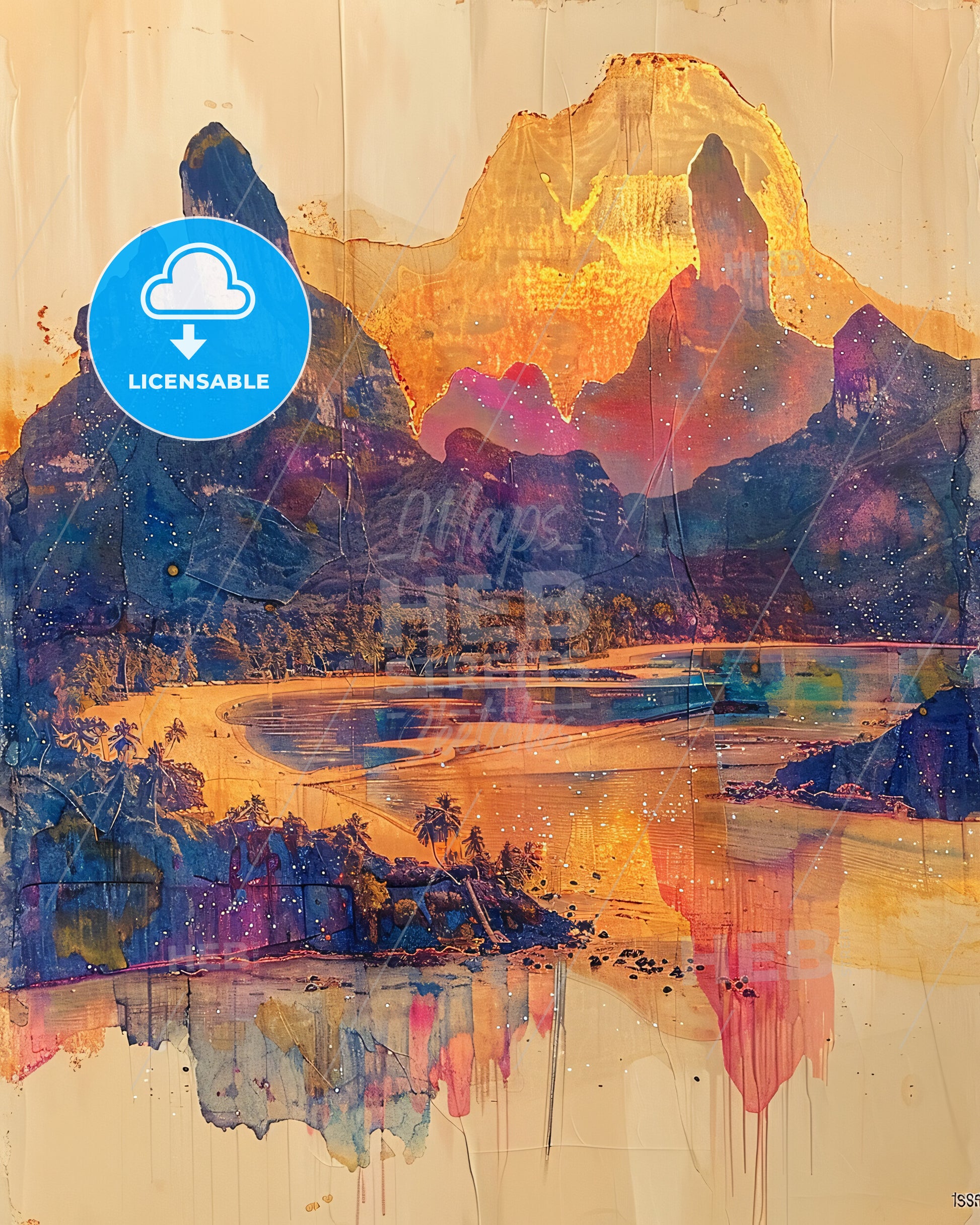 French Polynesia Skyline Double Exposure Dream - A painting of a beach and mountains