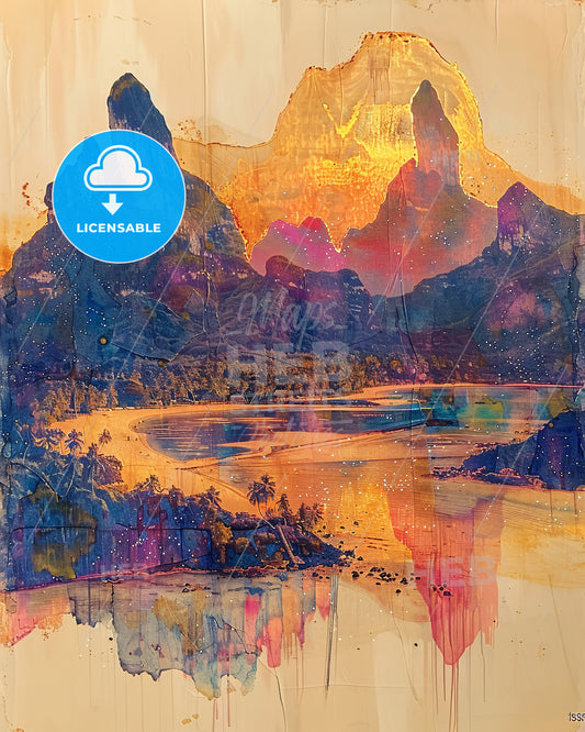 French Polynesia Skyline Double Exposure Dream - A painting of a beach and mountains