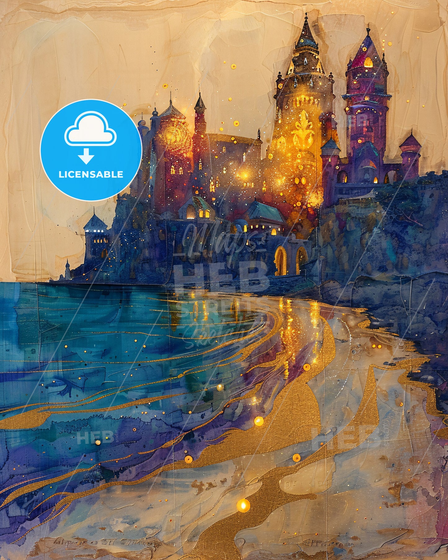 French Polynesia Double Exposure Skyline Poster Art - A painting of a castle and a river