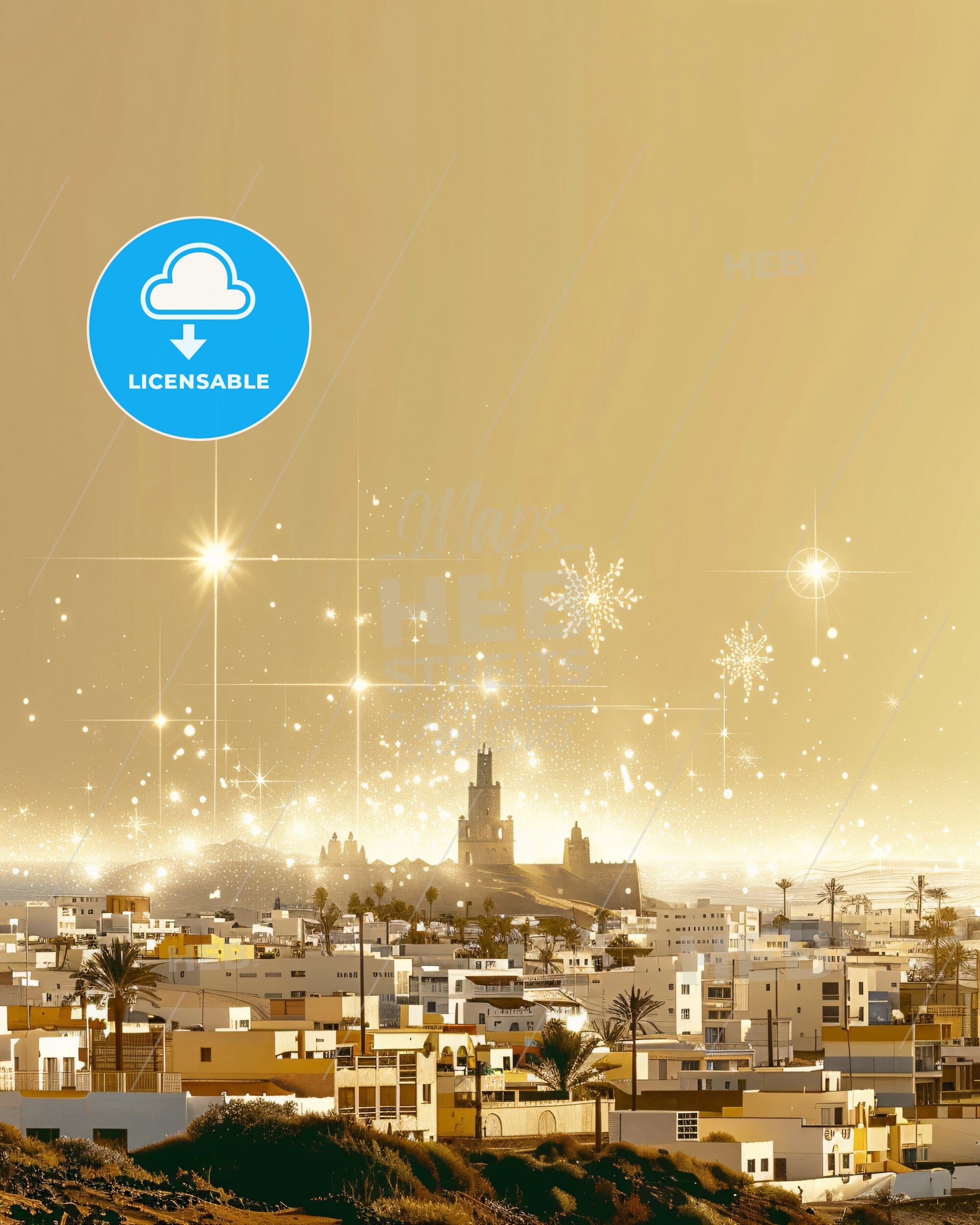 Fuerteventura Skyline Landmarks Beige Poster Background - A city with fireworks in the sky