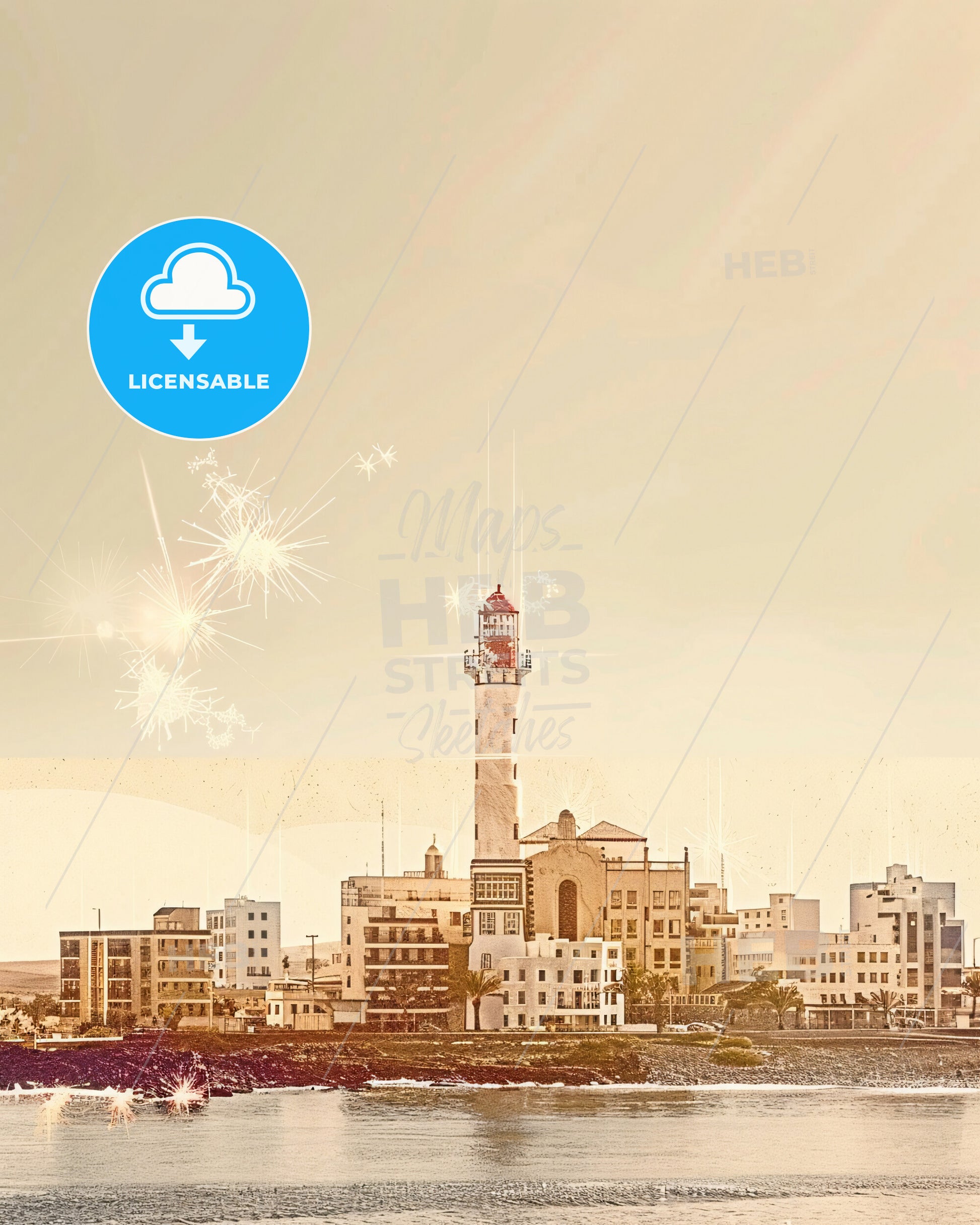 Fuerteventura Double Exposure City Skyline Poster - A city with a lighthouse and fireworks