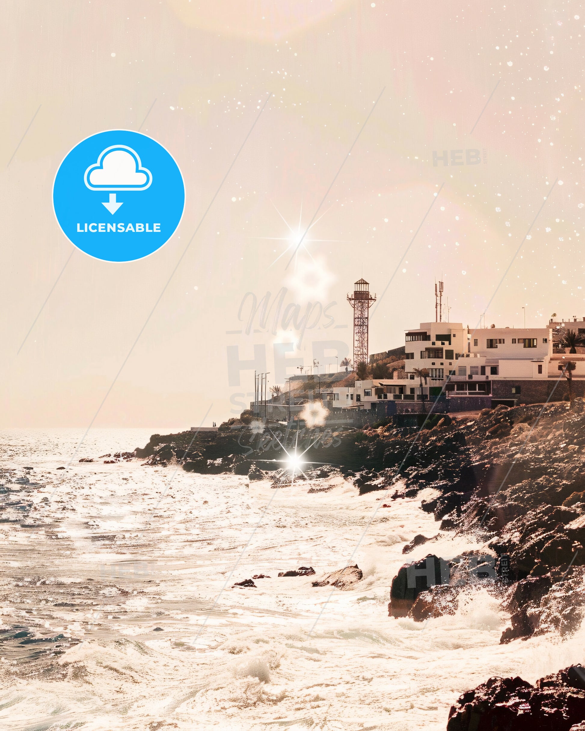 Fuerteventura Skyline Composite Poster Art - A building on a rocky shore