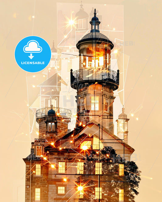 Guernsey Skyline Landmarks Double Exposure Poster - A building with a tower and lights