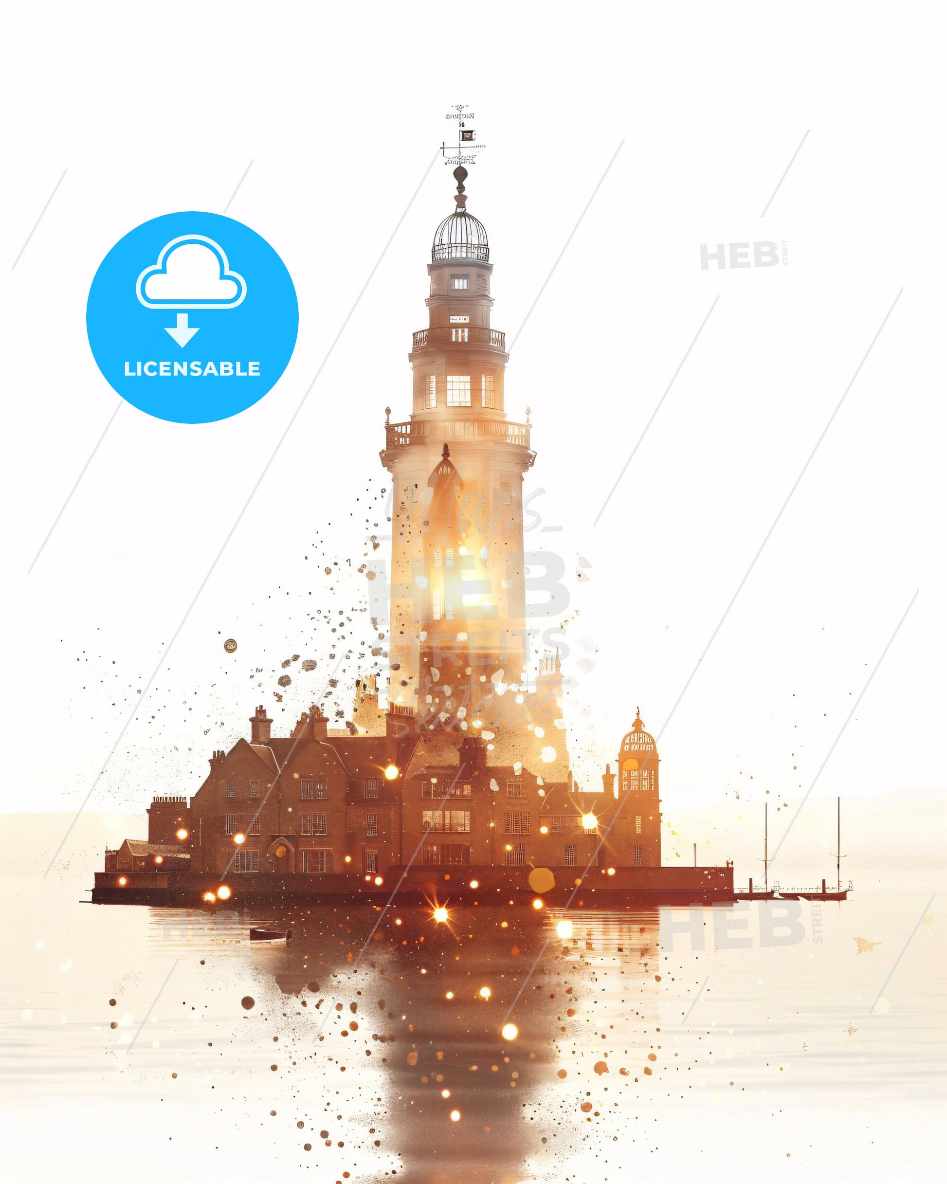 Guernsey Icon Skyline Art: Double Exposure Poster - A building on a small island in the water
