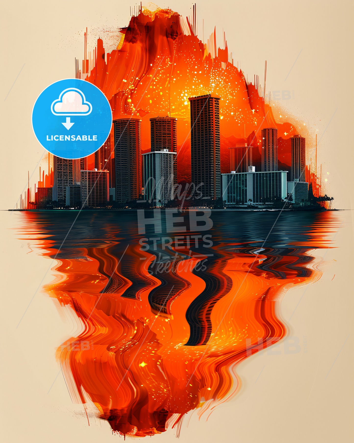 Hawaii Composite Art Poster: Local Charm, Bright Background - A city on fire with water reflection