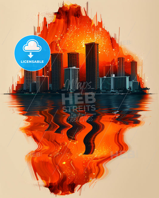 Hawaii Composite Art Poster: Local Charm, Bright Background - A city on fire with water reflection