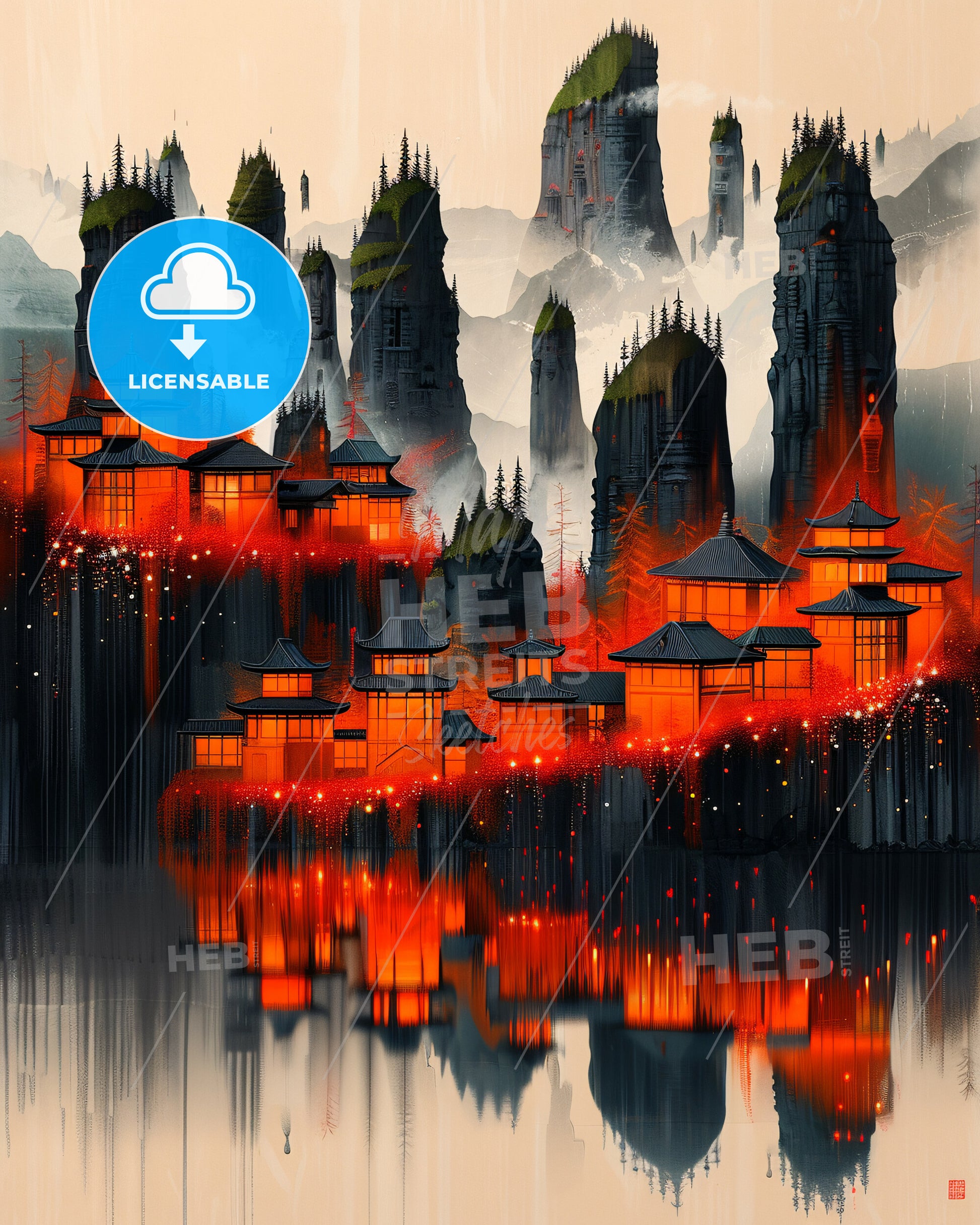 Hawaii Double Exposure Art Poster - A painting of a city with buildings and mountains