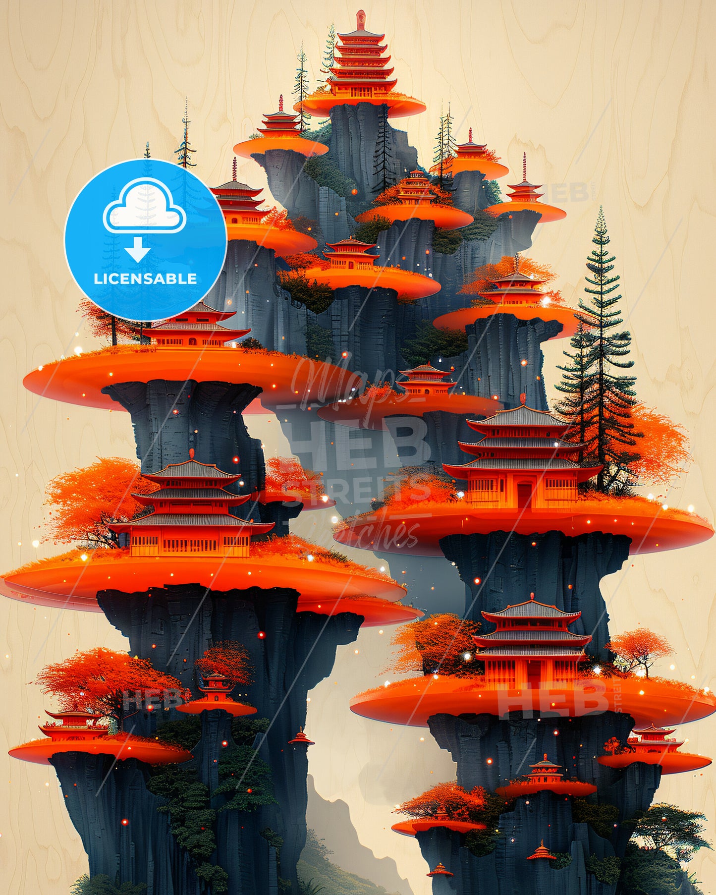 Hawaii: Double Exposure Poster with Local Landmarks - A group of buildings on a rock