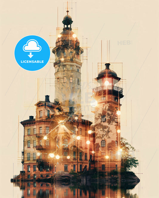 Hisningen City Skyline Composite Art Poster - A building with a tower and lights