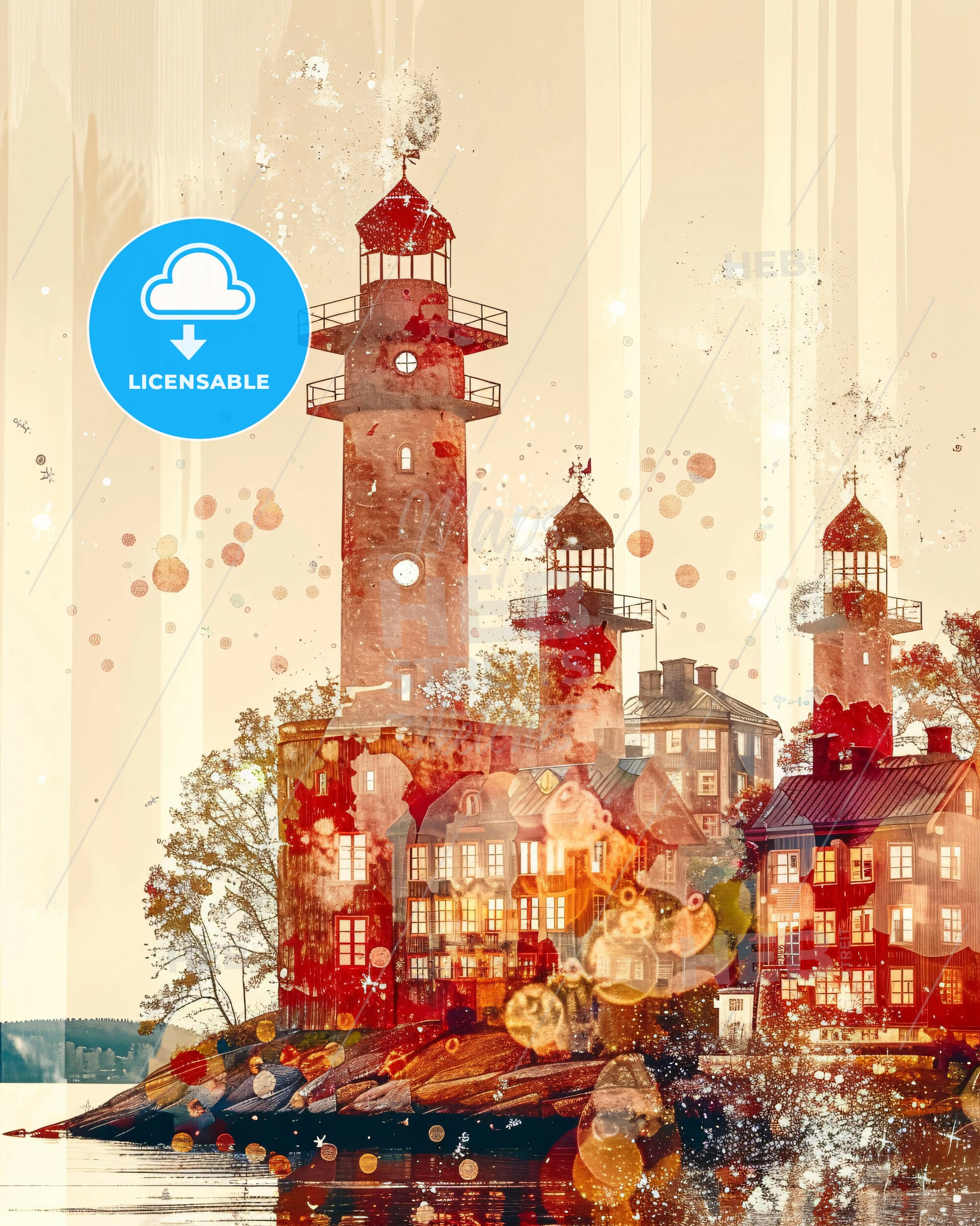 Hisingen Skyline Icon Poster Bright Beige Paper Background - A painting of a lighthouse and buildings