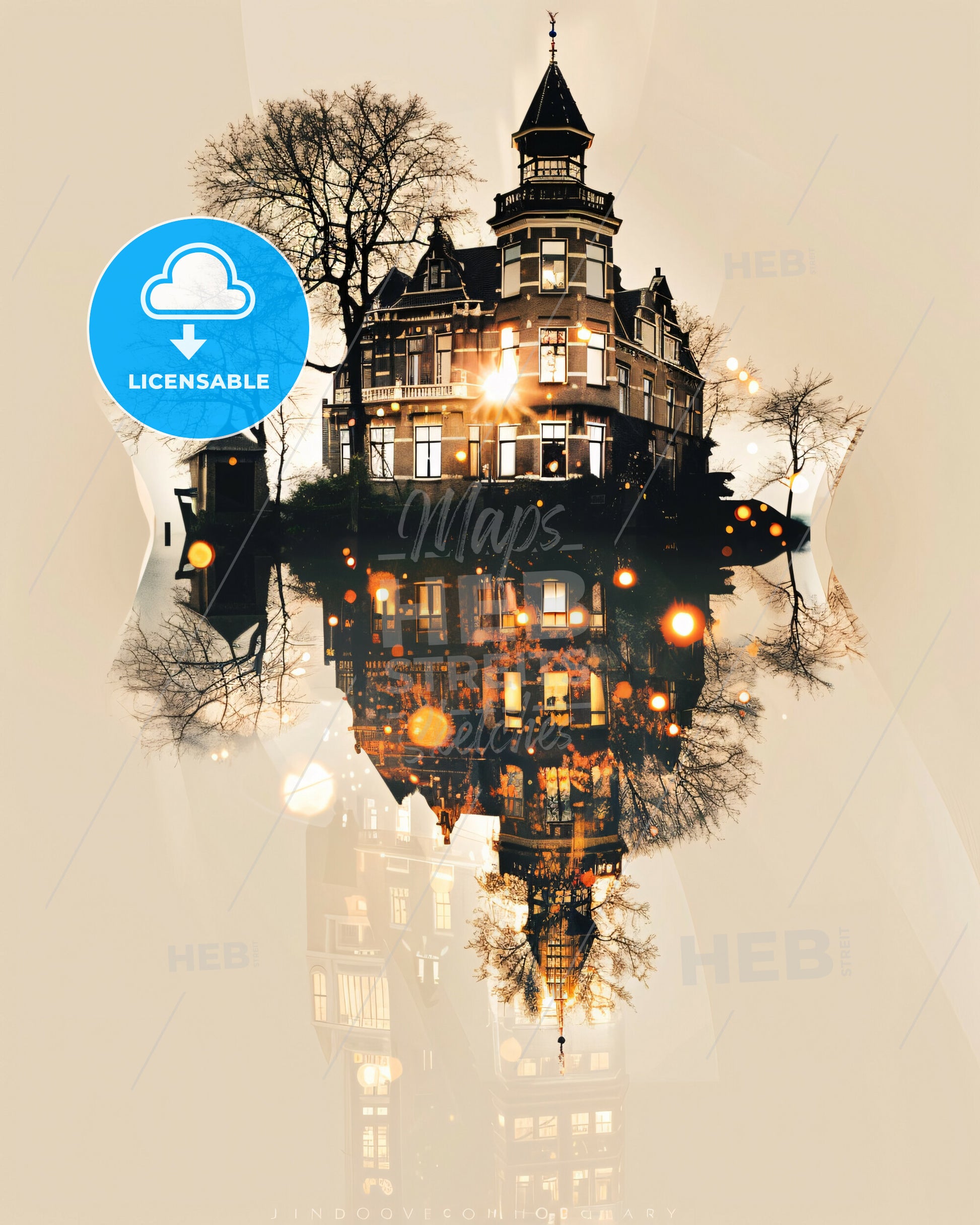 Hoeksche Waard Skyline Subtle Lights - A building with a tower and a reflection of trees