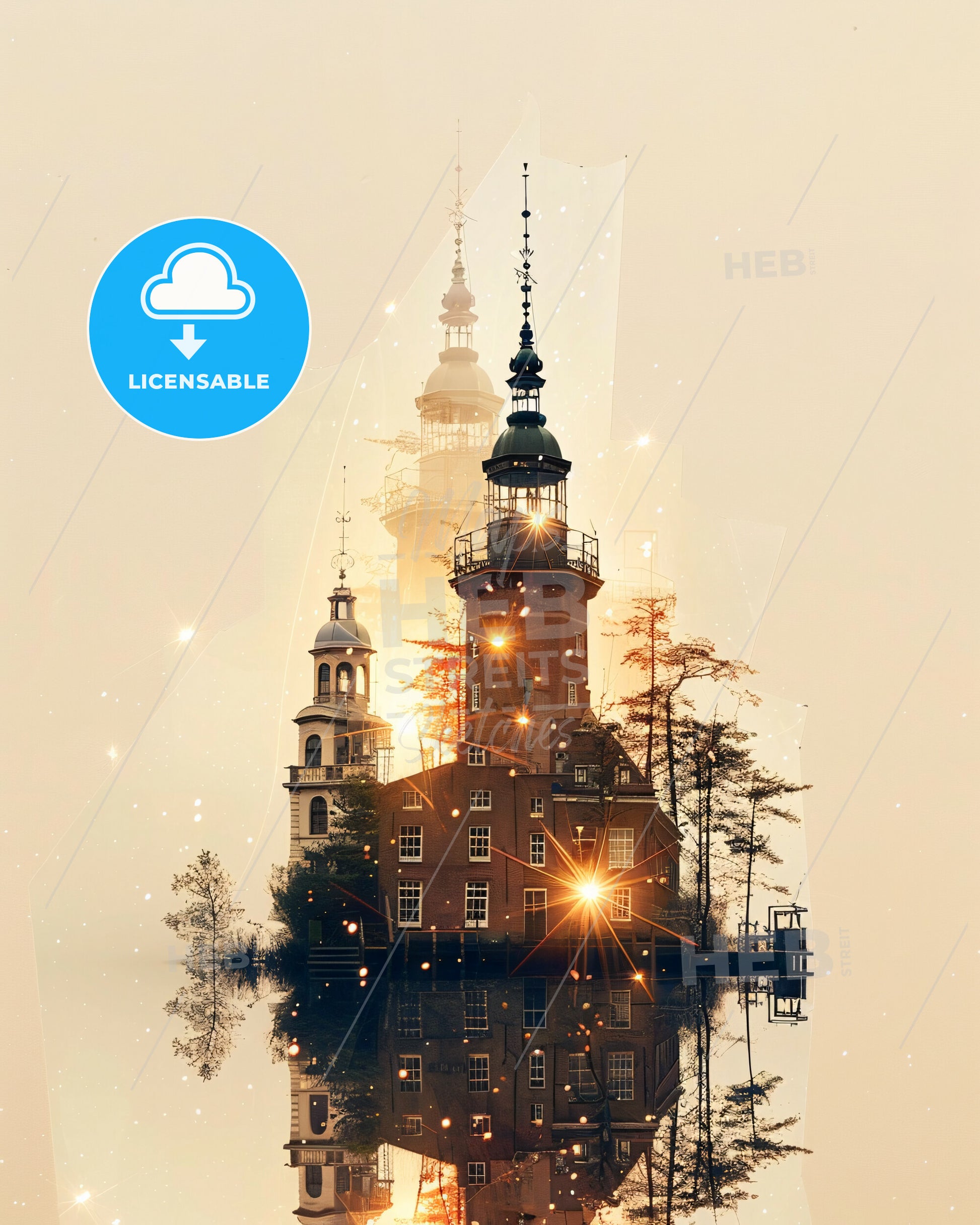 Hoeksche Waard Island Skyline Double Exposure - A building with towers and trees in water