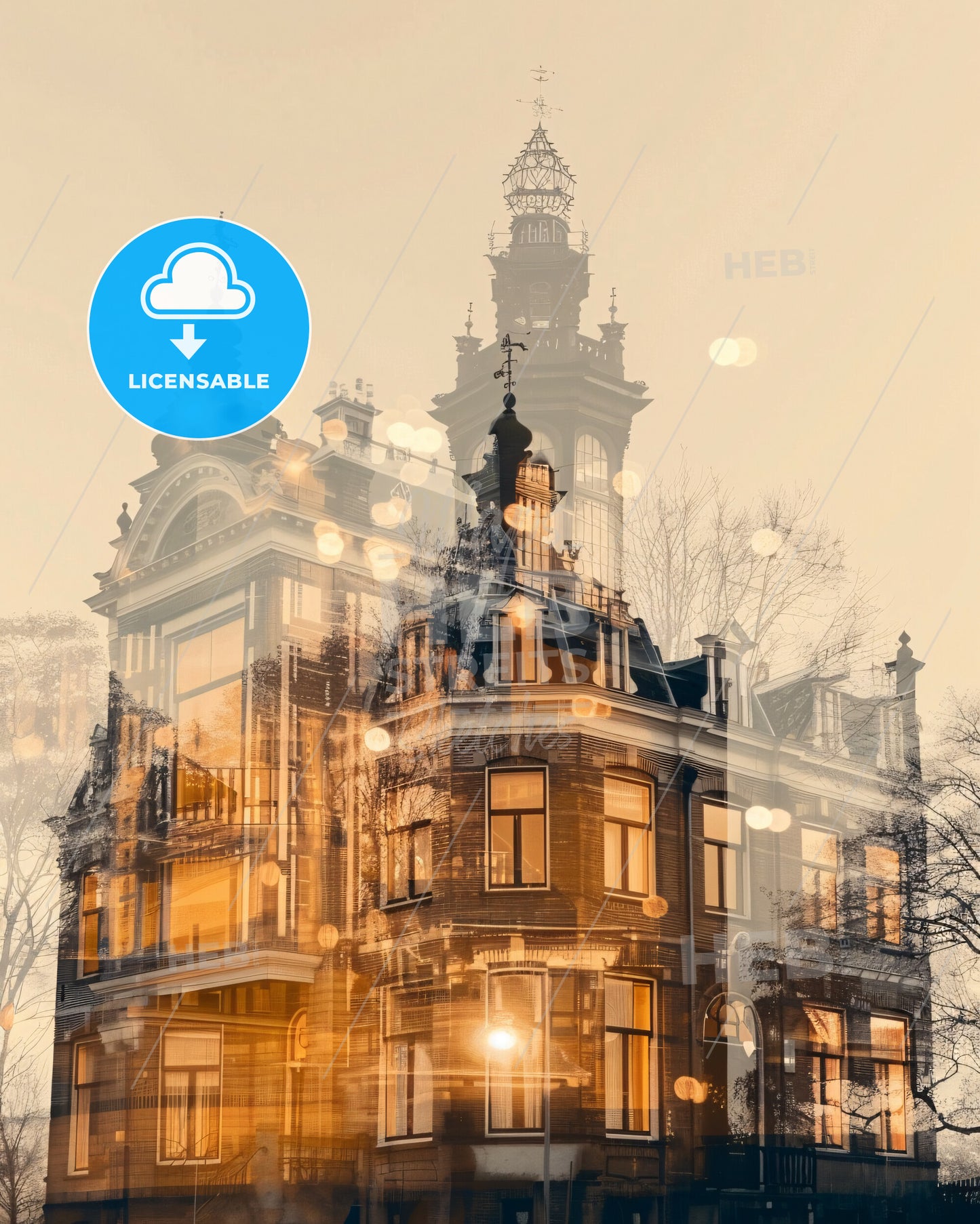 Hoeksche Waard Cityscape Sparkles Double Exposure - A building with a tower and lights