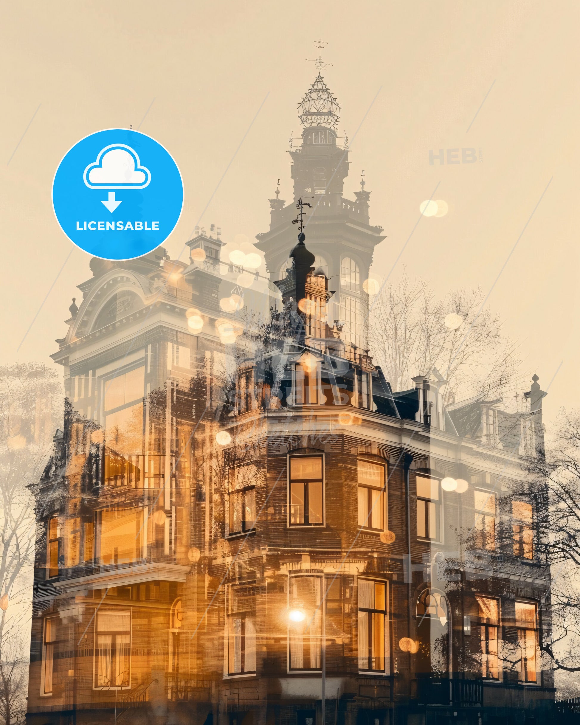 Hoeksche Waard Cityscape Sparkles Double Exposure - A building with a tower and lights