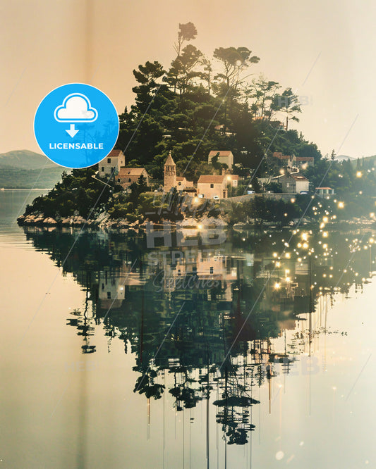 Hvar Pakleni Islands Dreamy Double Exposure - A small island with houses and trees in the water