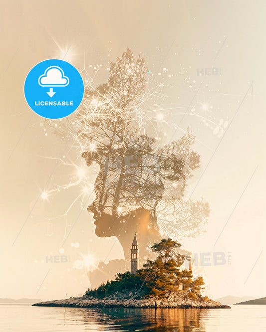 Island of Hvar Poster Art: Bright Beige & Sparkling - A double exposure of a woman's face and a tree
