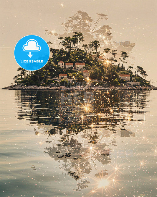 Hvar and Pakleni Islands Dreamy Double Exposure Poster - A small island with houses on it