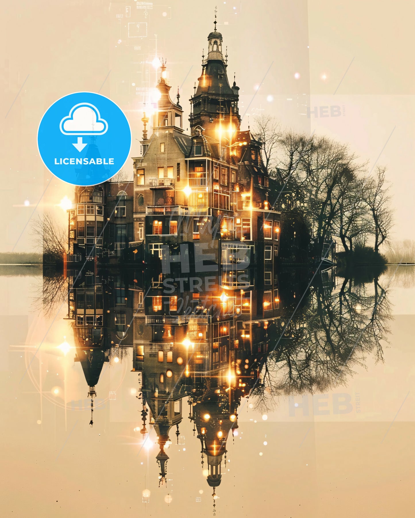 IJsselmonde City Skyline Double Exposure Art - A building with lights on it
