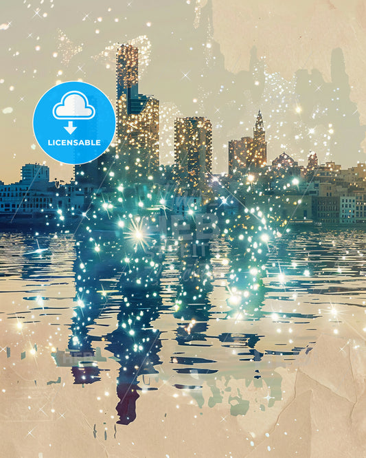 Ibiza Skyline Landmarks Double Exposure Poster Art - A city skyline with lights on the water