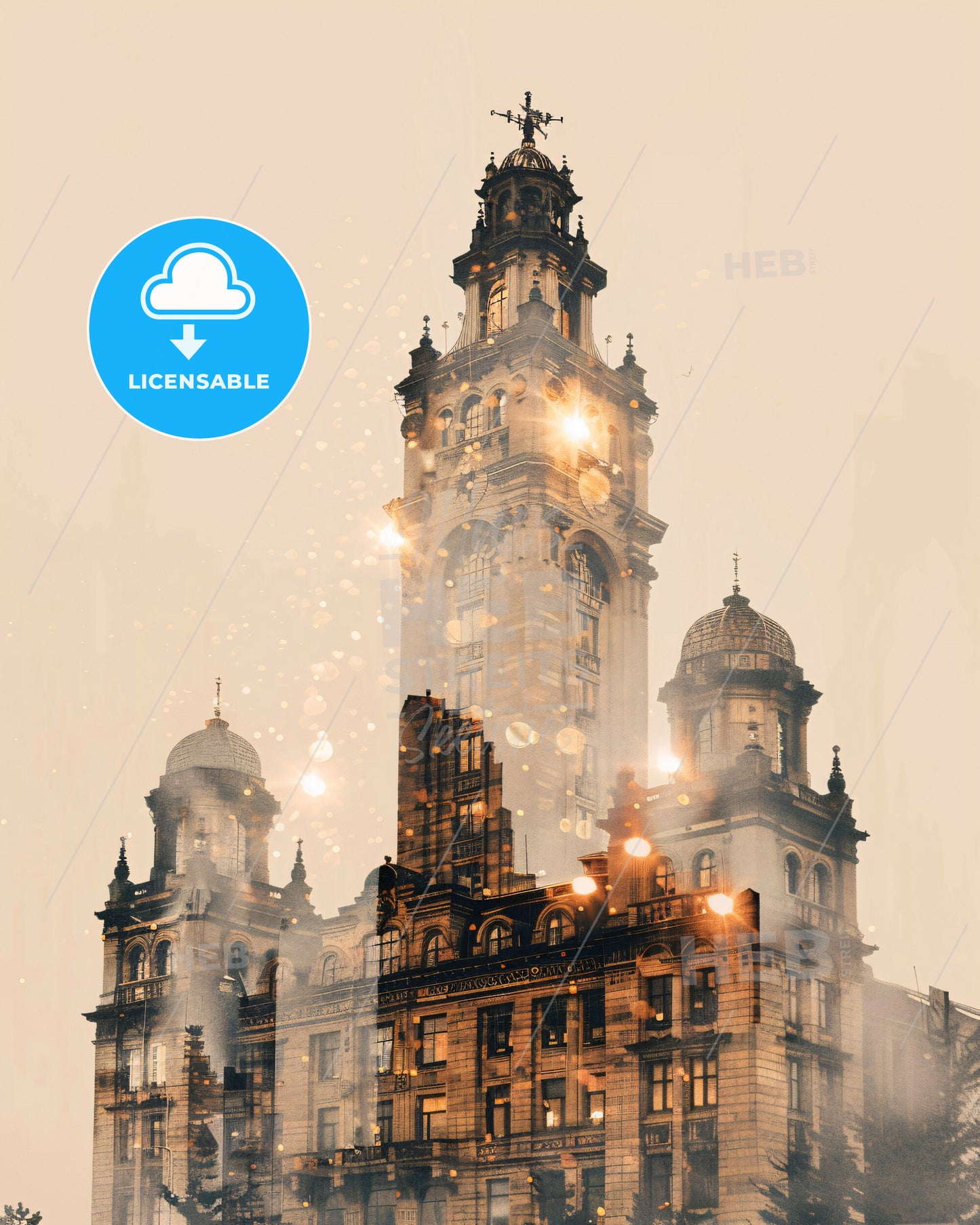 Iceland Double Exposure City Skyline Artwork - A large building with a tower