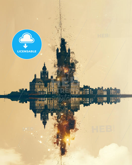 Isle of Man City Skyline Landmarks Composite Art Poster - A building with a fire in the water