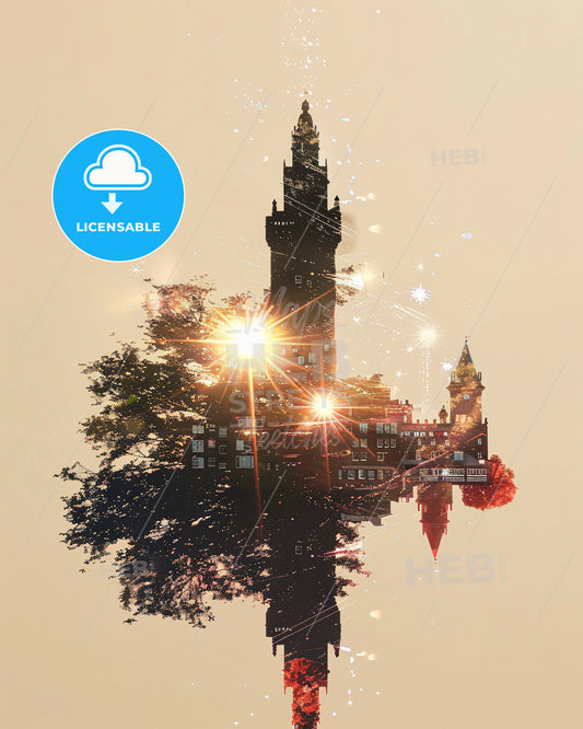 Jersey Skyline Art: Local Landmarks Double Exposure - A tall building with a tree and a sunburst
