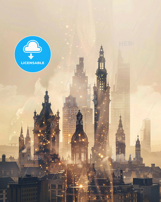 Jersey Skyline Double Exposure, Bright Beige - A city with many tall buildings