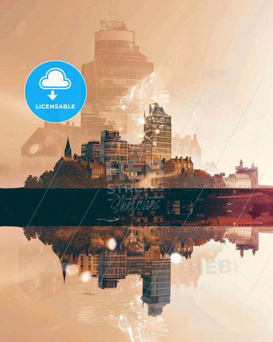 Jersey Double Exposure Skyline Art Composite - A city with buildings reflected in water
