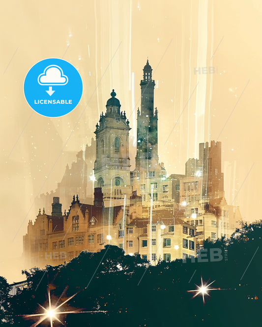 Jersey: Magical Double Exposure City Skyline - A city with tall buildings and trees