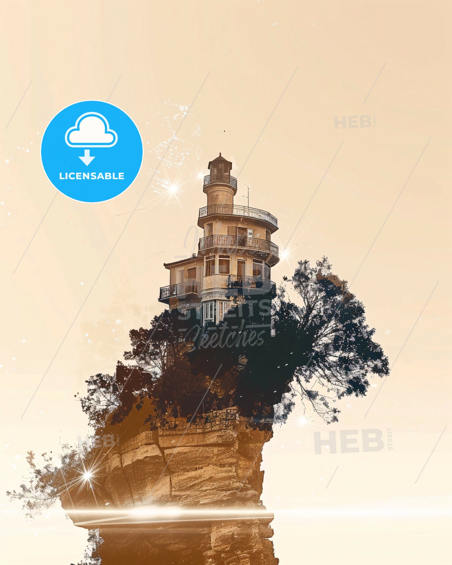 Kefalonia Skyline Double Exposure Art Poster - A building on a cliff