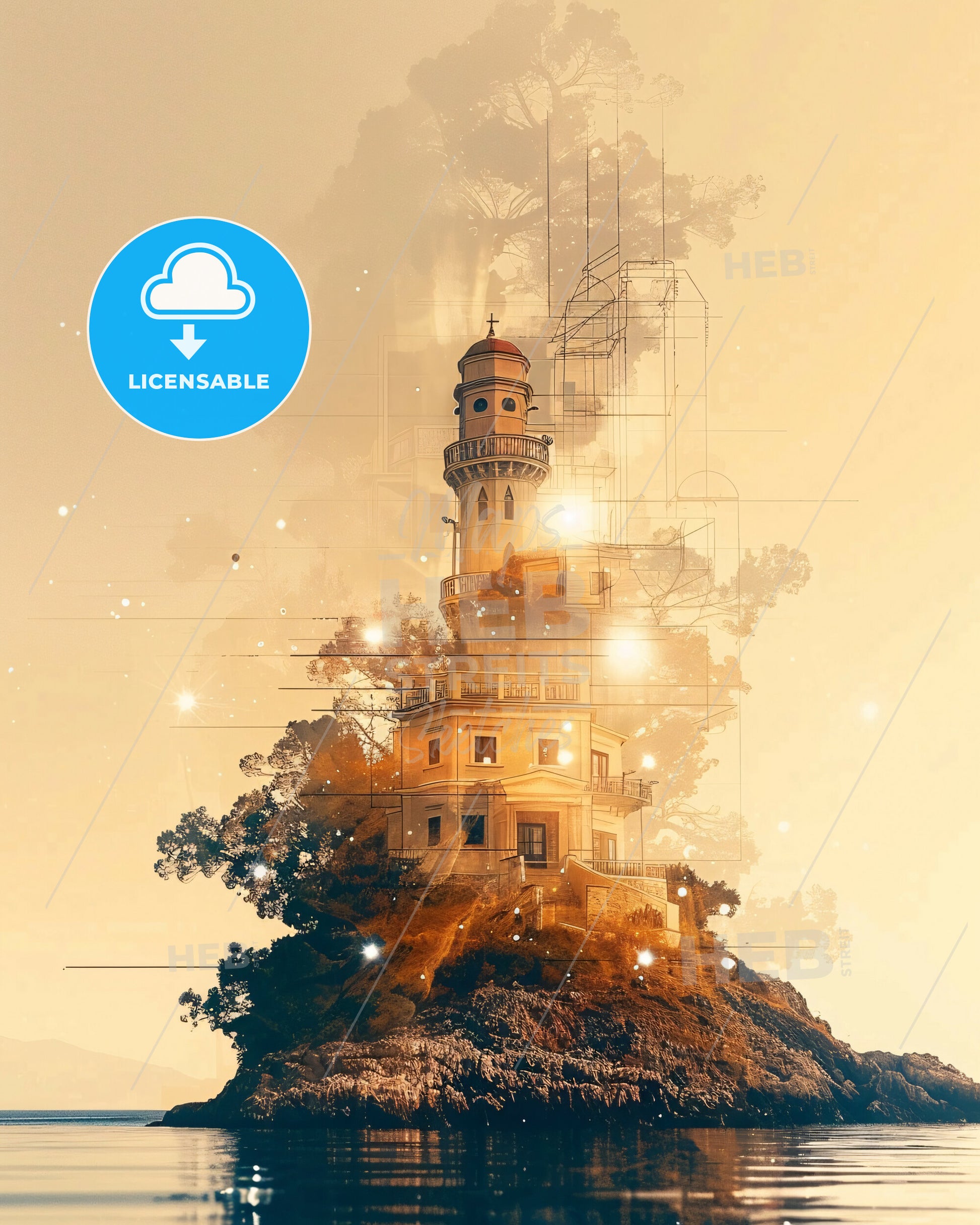 Kefalonia Island Greece Sunset Skyline Composite Art Print - A building on a hill