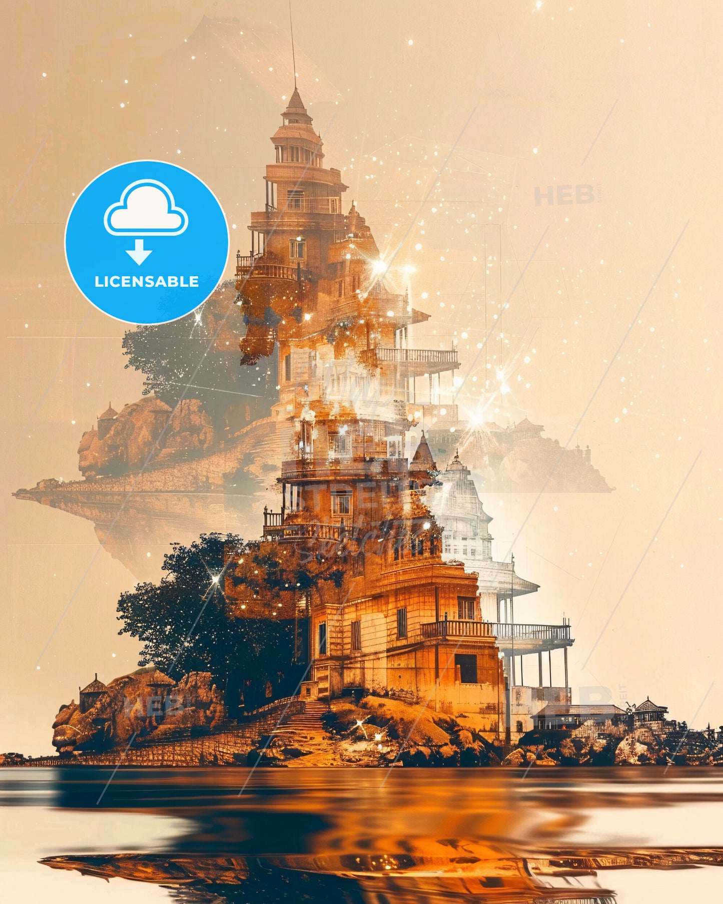 Komodo Islands Indonesia Double Exposure Artwork - A building on a rock