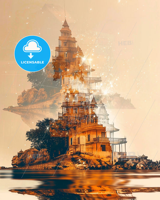 Komodo Islands Indonesia Double Exposure Artwork - A building on a rock