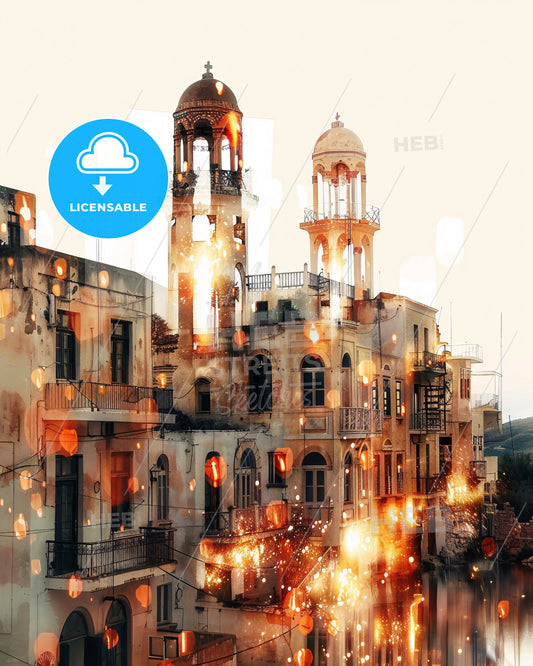 Kos Island Skyline Composite Double Exposure Poster - A building with a tower and a fire