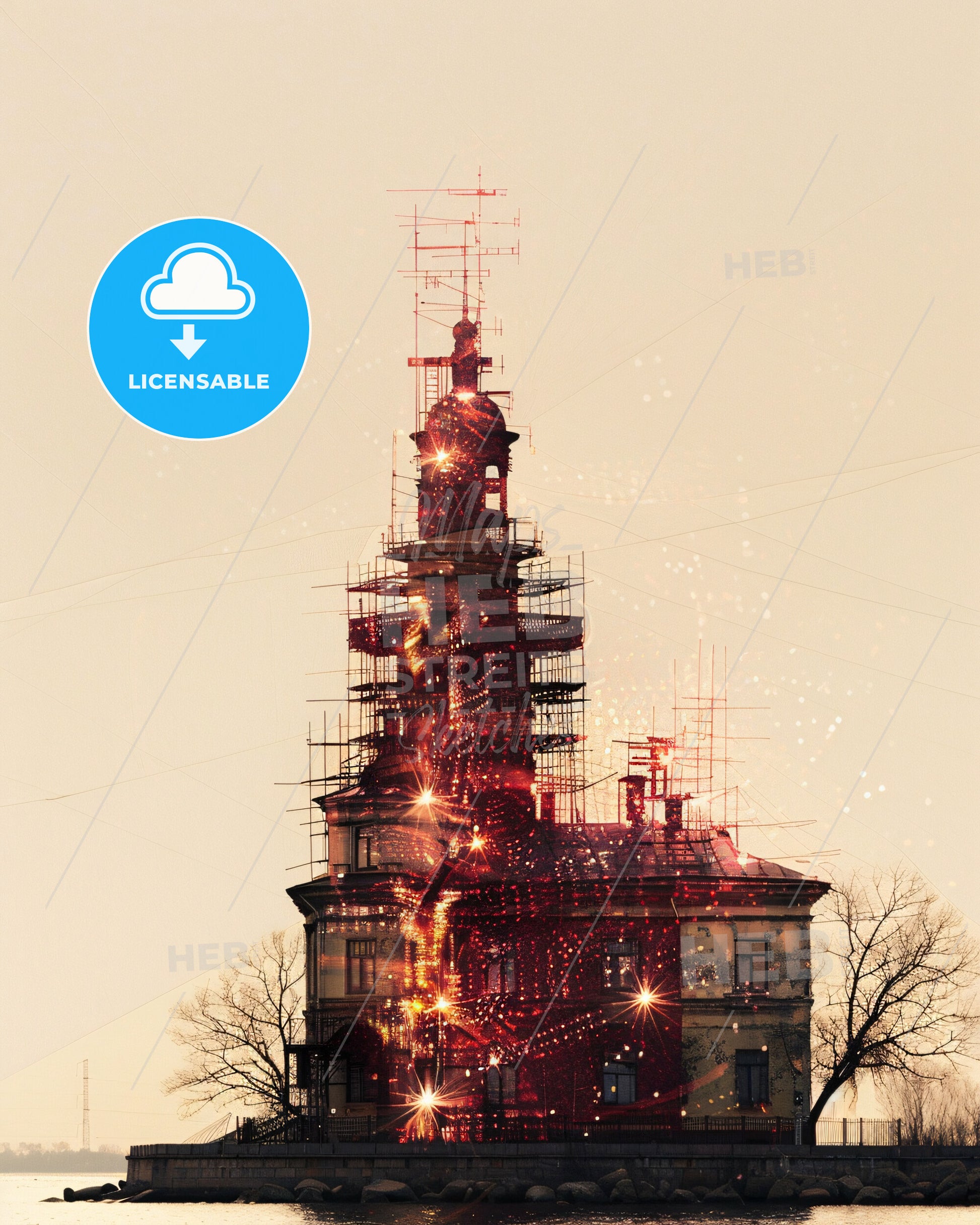 Kotlin Island Cityscape Lights at Night - A building with scaffolding around it