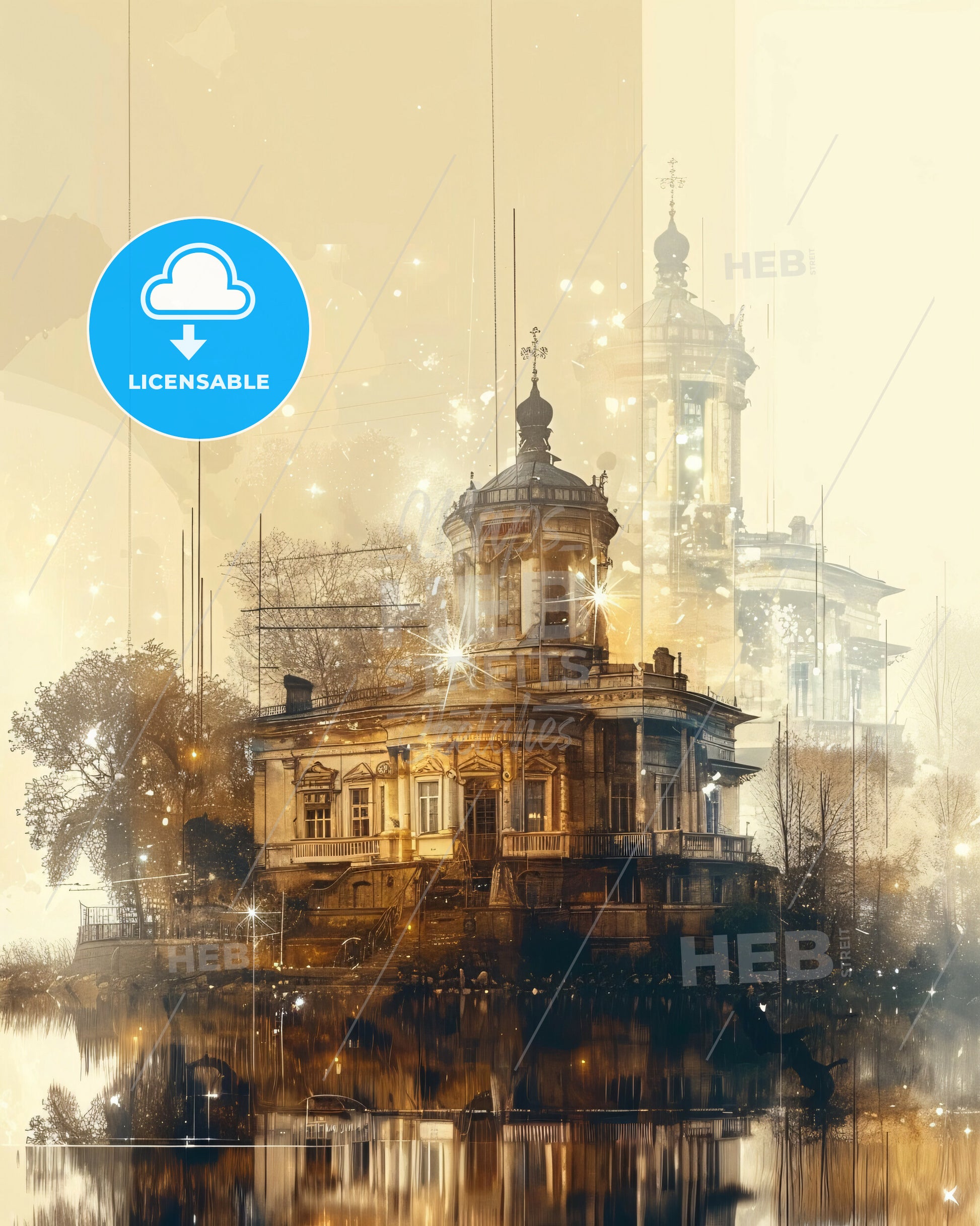 Kotlin Island: Skyline Landmarks Sparkle - A building with a tower and trees