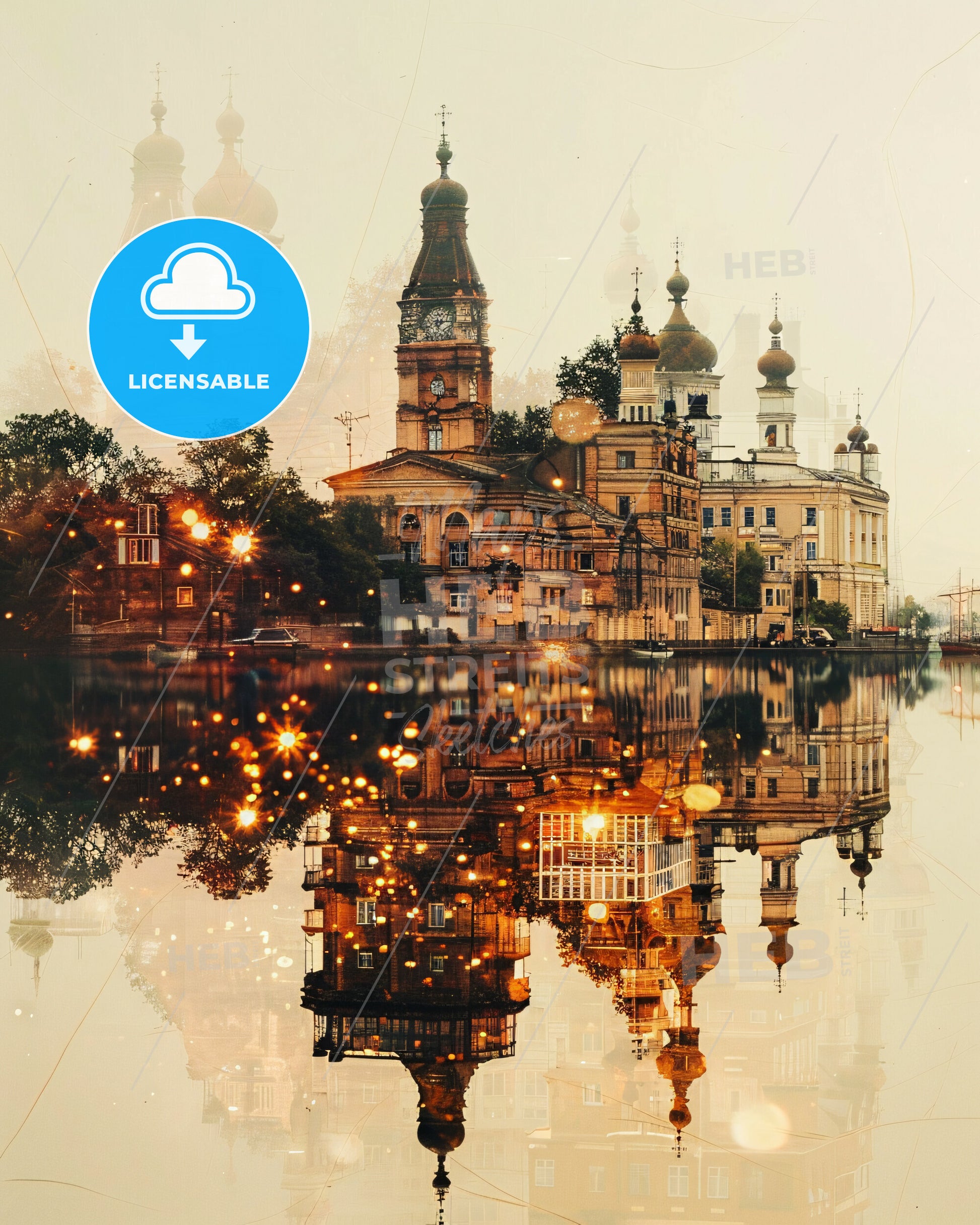 Kotlin Island Skyline Composite Art Poster - A building with a clock tower and trees reflected in water