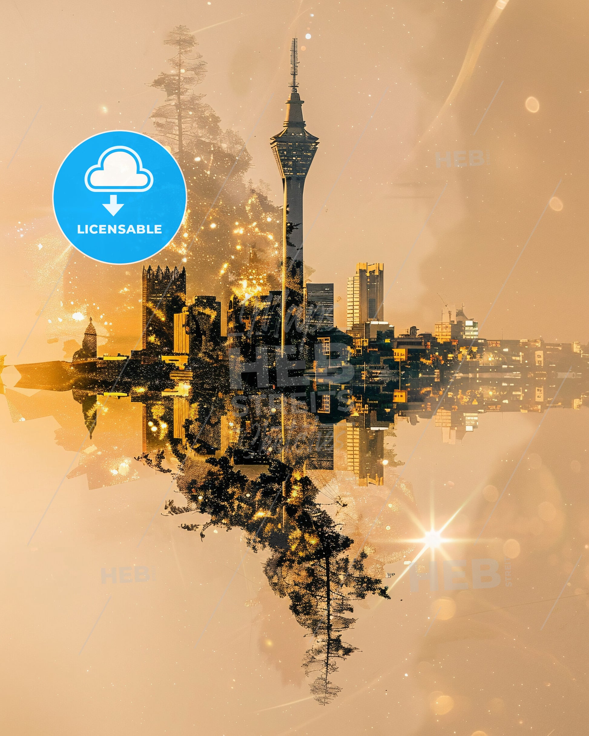 Lanzarote: Double Exposure Skyline Art - A city with a tower and trees