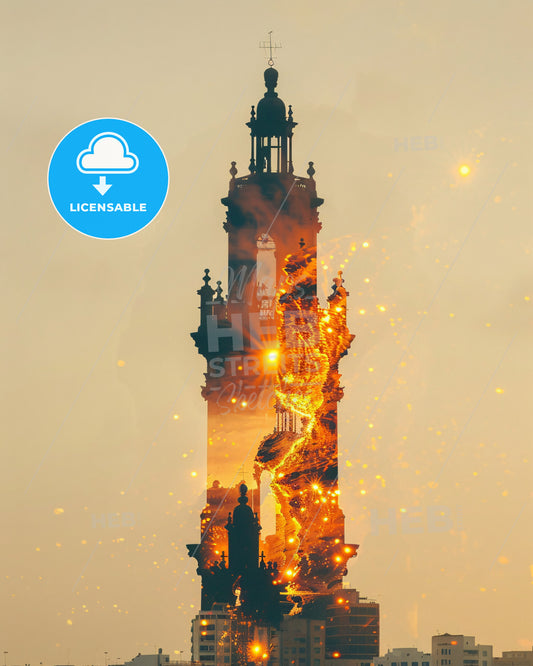 Lanzarote Double Exposure Composite Art Skyline - A tall building with a tower and a fire