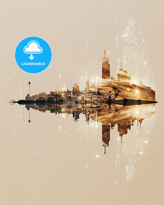 Lanzarote Skyline Double Exposure Composite Art - A reflection of a city in water