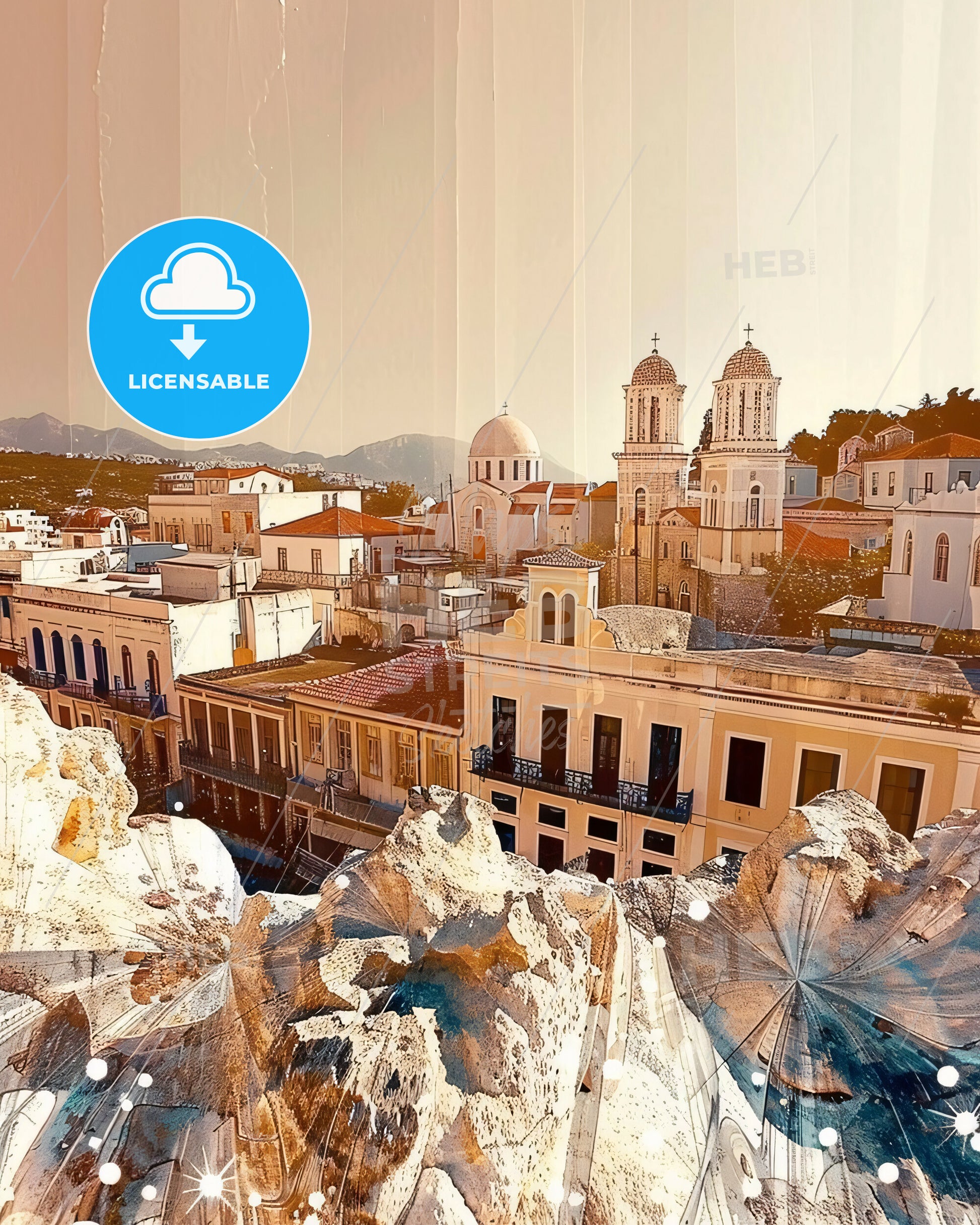 Lesbos Island Skyline Cityscape Local Art Poster - A city with buildings and a hill