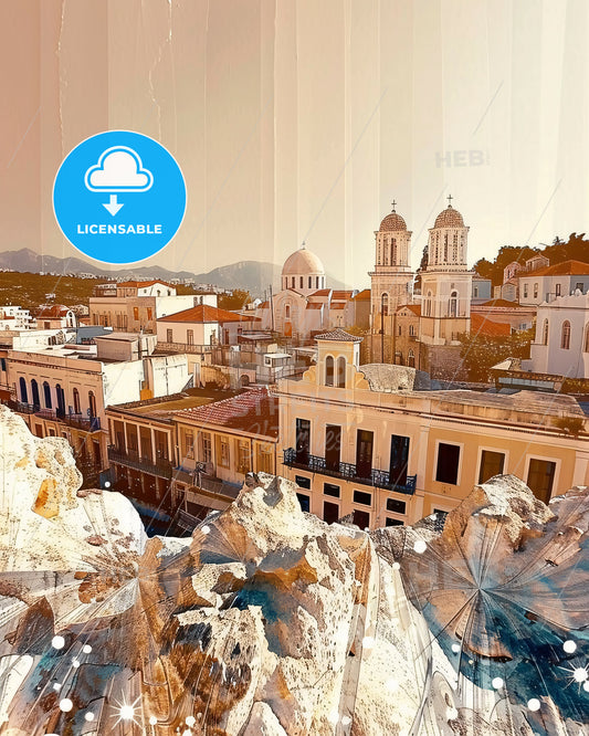 Lesbos Island Skyline Cityscape Local Art Poster - A city with buildings and a hill