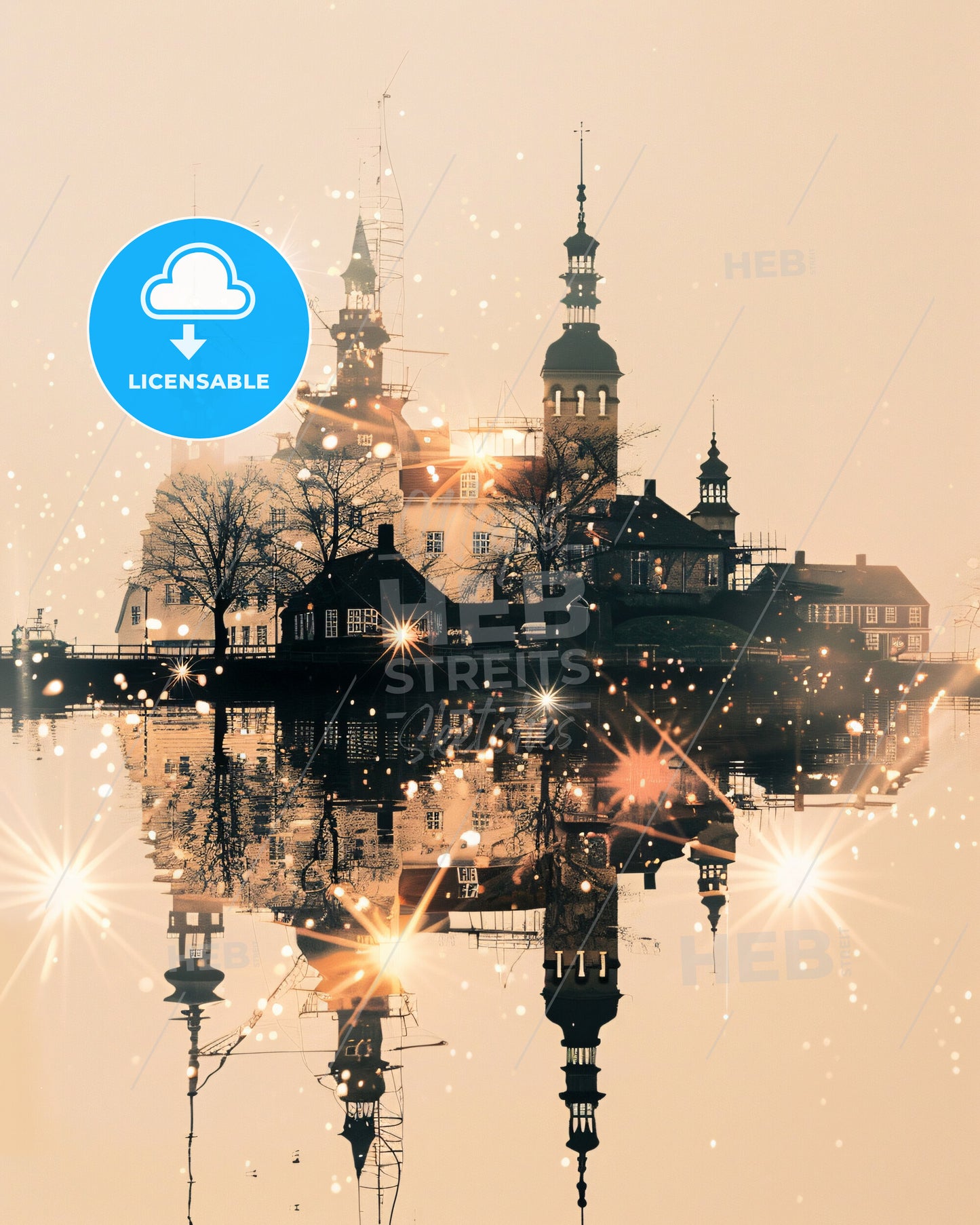 Lolland Skyline Icons Bright Beige Poster Art - A building with towers and a body of water with lights