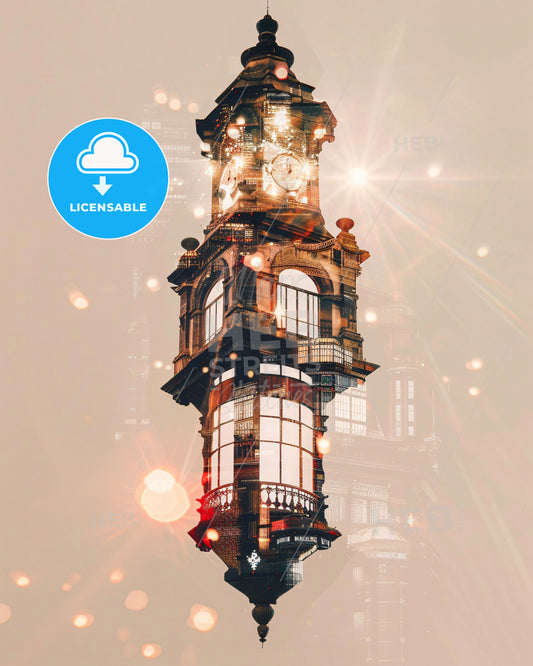 Madeira Skyline Composite Art with Landmark Icons - A clock tower with a tower and a balcony